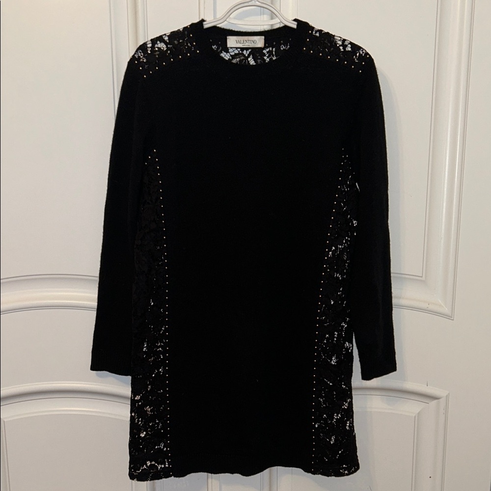 Valentino Wool, Cashmere, Lace - Black Long Sleeve Sweater Dress with Lace Back